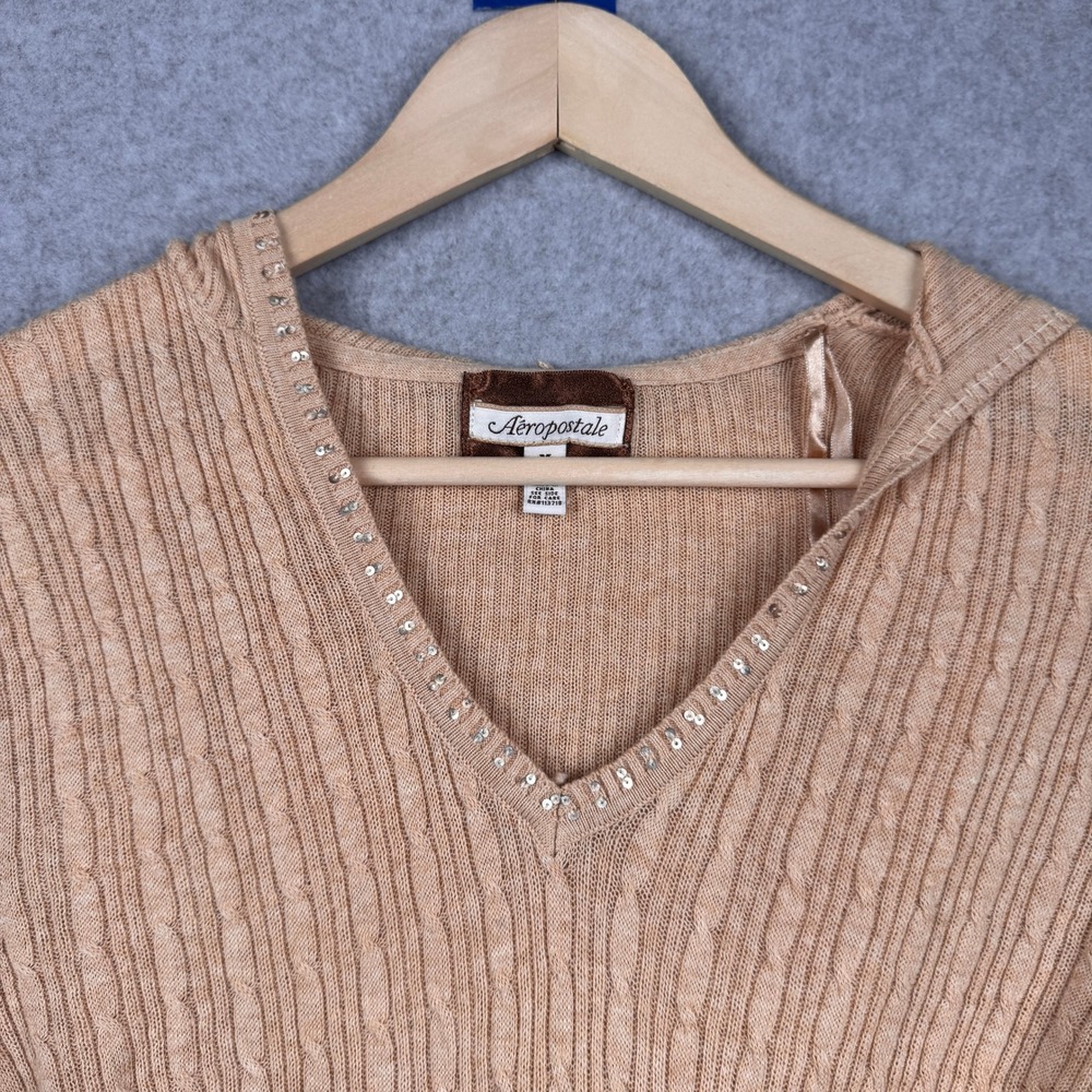 Vintage Y2K Aeropostale Hoodie Sweater Womens Medium Tan Sequin VNeck Cable Knit - Picture 4 of 11